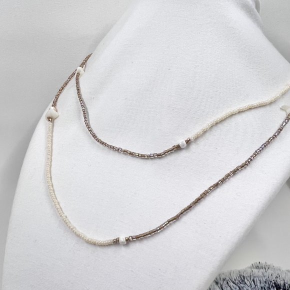 Up-Cycled - Simple Cream & Brown Seed Bead 48”Necklace - Picture 2 of 6